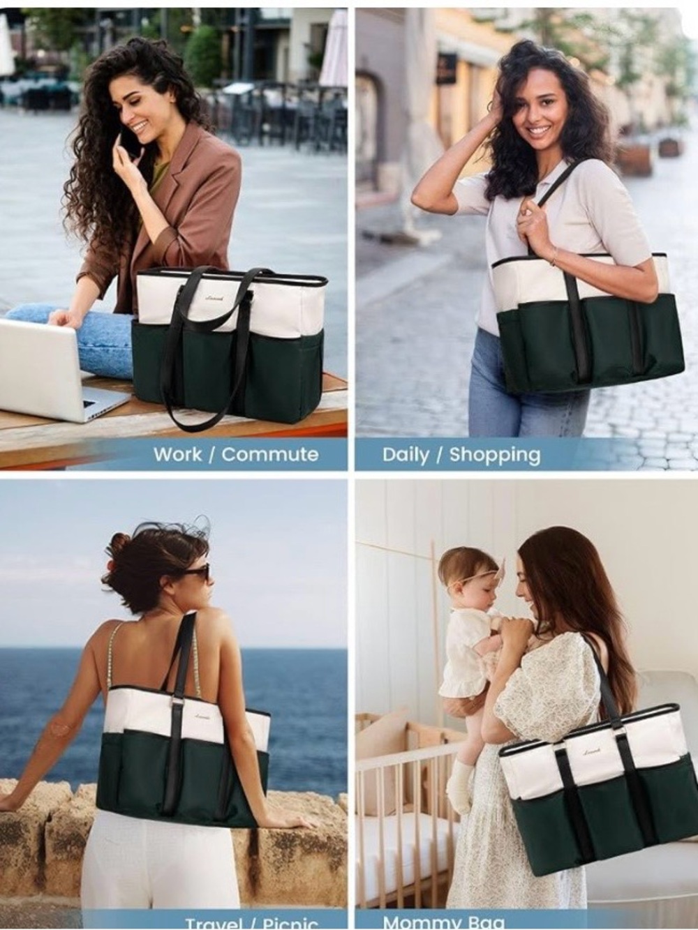 Lovevook 15.6 Laptop Large Women’s Tote Bag in Green-Beige-Black New - Picture 2 of 16